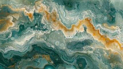 Obraz premium Abstract image of swirling teal, gold, and white marble texture. Veins of color create a dynamic pattern. High resolution image ideal for design