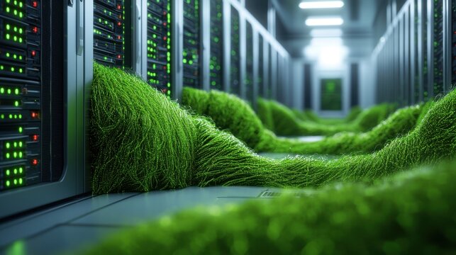 Green grass overtaking a modern server room, blending nature with technology