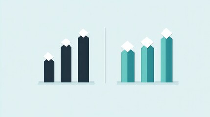 Fototapeta premium Abstract graphic illustration of two sets of ascending bar charts, one in dark teal and the other in lighter teal, each with small white peak icons