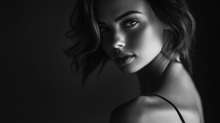 Stylish monochrome portrait of a woman in a lifestyle studio showcasing elegance and femininity with soft lighting and rich shadows.