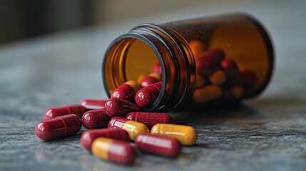 Spilled Medication: Red and Yellow Capsules on Marble