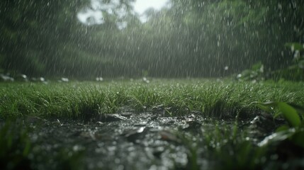 Fototapeta premium Heavy rainfall sprinkling over lush green grass nature scene close-up view tranquil environment refreshing atmosphere for eco-friendly content