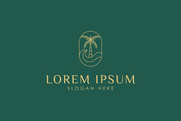 palm or coconut tree logo with ocean waves elements in gold color line art design style