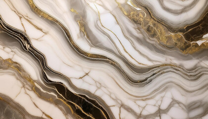 A close-up of a polished marble surface with swirling veins and reflective highlights, showcasing its smooth, luxurious texture and elegant natural patterns. Background