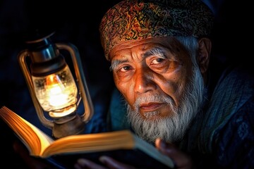 Fototapeta premium Elderly man reading a holy book by lantern light during Ramadan evening