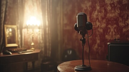 Vintage microphone with headphones in studio setting for audio recording and broadcasting illuminated by soft backlighting decor elements