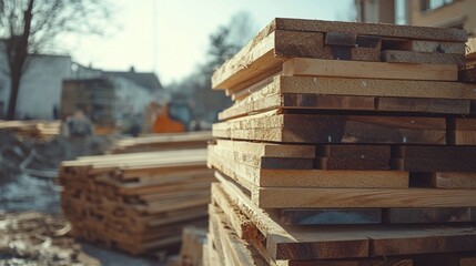 Stacked lumber at construction site; blurred background with workers and machinery.  Possible use  Building, home improvement, renovation