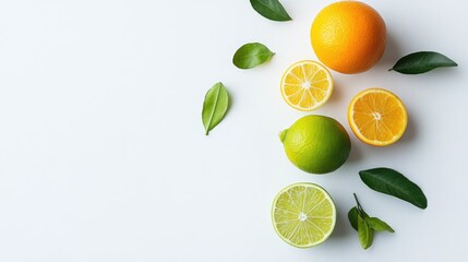 Citrus fruits composition with oranges limes and fresh leaves arranged on white background for vibrant food and drink themes