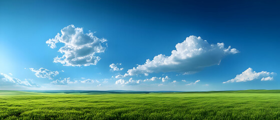 Fototapeta premium Sunny field, blue sky, cloudscape, idyllic nature