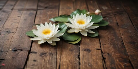 Obraz premium delicate water lily flowers on a vintage wooden table , natural, water lily, botanical