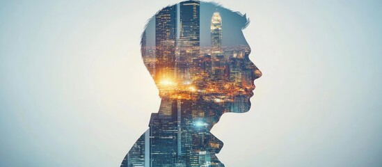 Global Business Collaboration Double Exposure with Urban Cityscape and Connectivity Concept in Modern Digital Environment