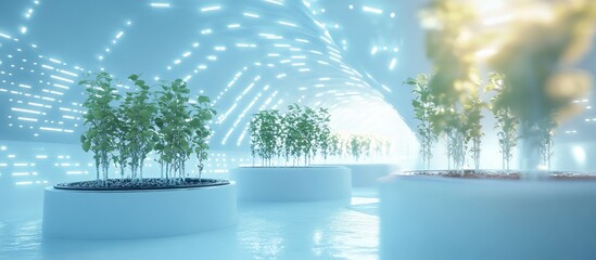 Fototapeta premium Growing Aquaponics Hydroponics Vertical Garden Smart Greenhouse with Technology Elements and Copy Space for Innovative Text Design