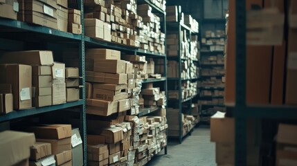 Well-organized warehouse interior showcasing neatly stacked cardboard boxes on industrial shelving, emphasizing efficient storage solutions.