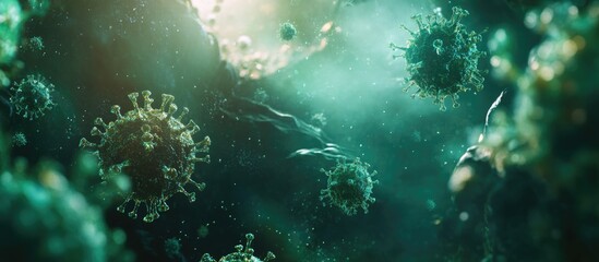 Abstract Representation of Floating Green Viruses and Microbes in Water with Space for Text Illustrating a Pandemic and Microorganism Theme