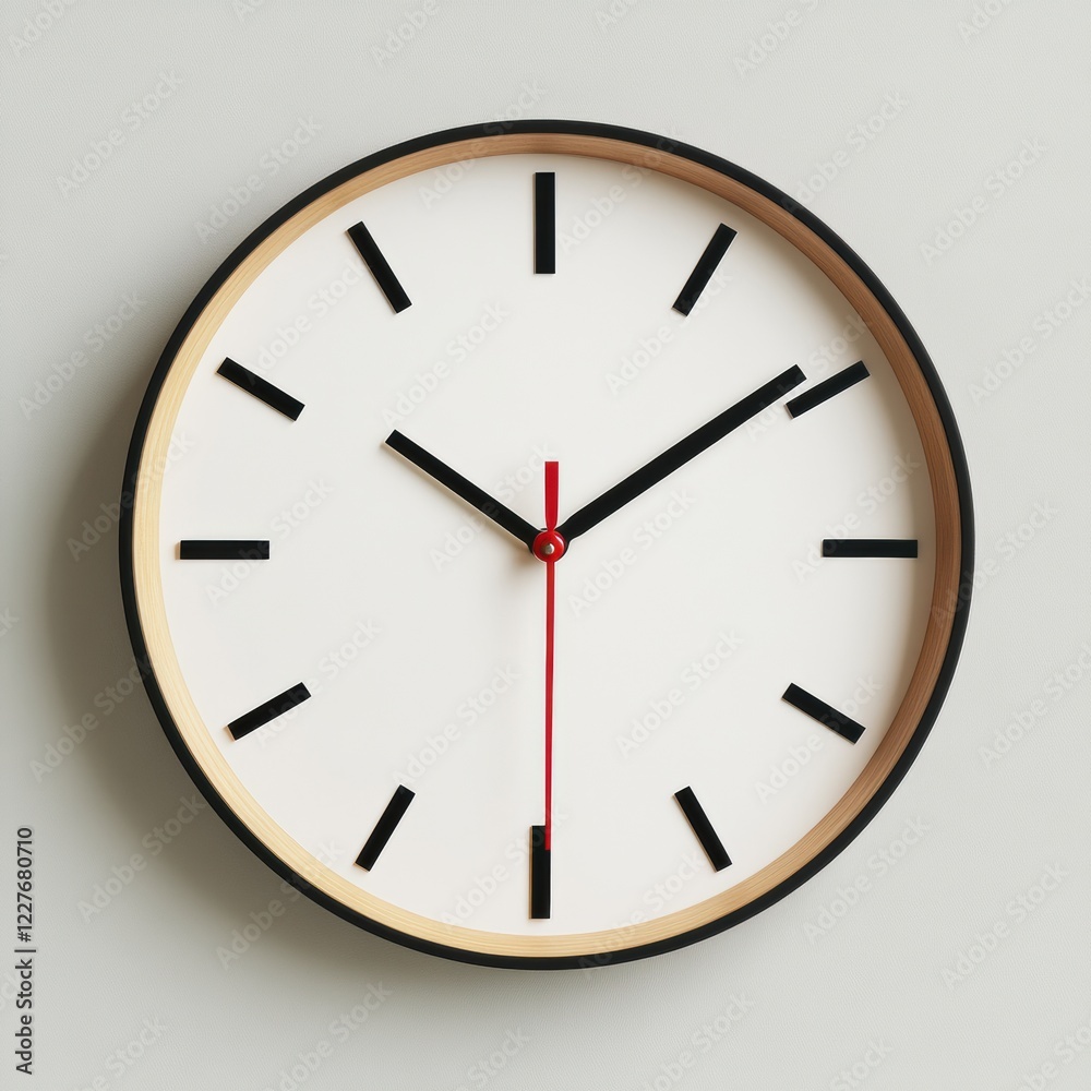 Leinwandbilder modern minimalist wall clock displaying time with distinctive black and red hands against a white fa