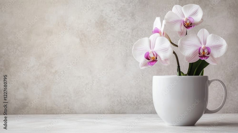 Wall mural Orchids in a white mug against a textured background with empty space for text or branding application