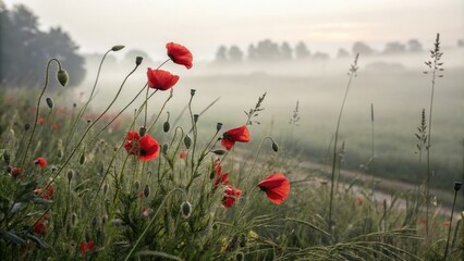 Soft focus of red poppies in a misty morning landscape, impressionist photography, floral motifs, misty landscape, peaceful morning