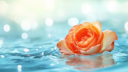 Orange rose delicately floating on serene water with soft bokeh lights creating a dreamy and tranquil atmosphere