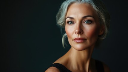 Naklejka premium Elegant portrait of mature female model with silver hair showcasing graceful beauty and poise against a dark background in soft lighting