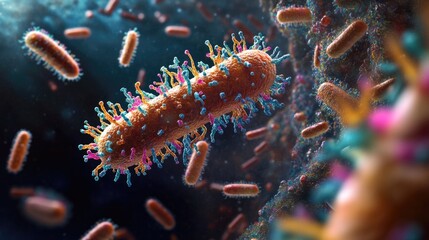 Detailed illustration of bacteria and viruses highlighting protective measures against infections and disease transmission in a microscopic environment.