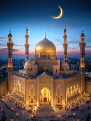 Celebrating Ramadan at a stunning mosque under the crescent moon in the evening sky