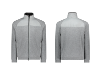 Gray Outdoor winter jacket for men, front and back view with zipper, transparent background