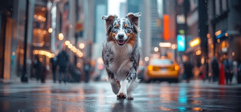 Playful, funny Australian Shepherd with merle coat and intense blue eyes, running through lively urban street with modern buildings.