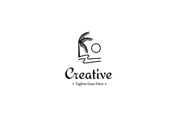 minimalist beach logo with coconut tree waves and sun in linear line art design style