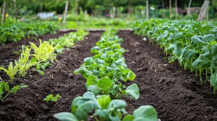 Obraz premium Healthy vegetable garden enriched with organic compost showcasing vibrant rows of leafy greens and nutrient-rich soil.