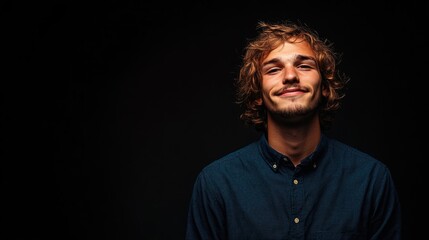 Cheerful young European man in dark blue shirt smiling warmly against a black background showcasing casual portrait photography.