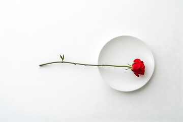 Single red rose on a white plate against a white background