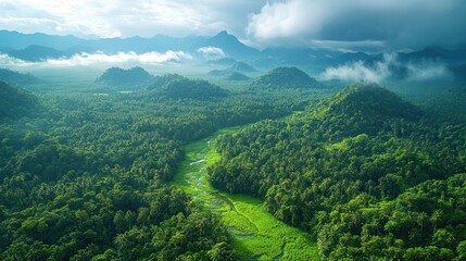 Lush green rainforest valley with mountains and a river flowing through it creating a serene landscape
