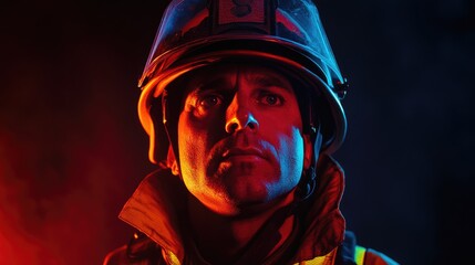 Heroic firefighter in protective uniform exuding bravery against a dramatic dark and colorful backdrop showcasing dedication and resilience.