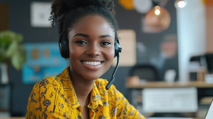 Cheerful female call center agent in headset smiling at camera while engaged in work at modern office environment