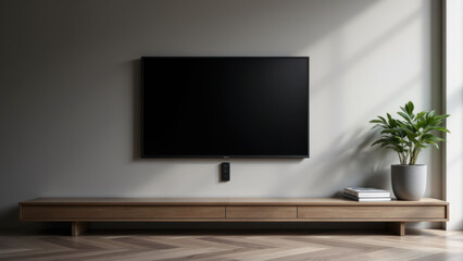 A sleek modern living room with a large wall-mounted TV.