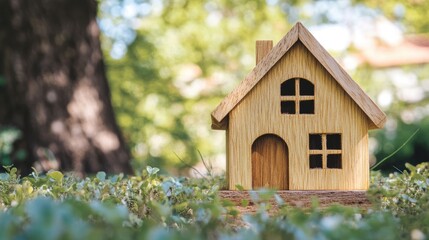 Real estate concept with wooden house model surrounded by greenery representing home buying, mortgage planning and investment opportunities.