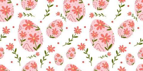 Materiał do szycia Easter pattern with pink floral decorated eggs, green leaves, and elegant swirls on white background. Cute vector illustration in festive Easter atmosphere concept. For prints, gift paper, decor.  