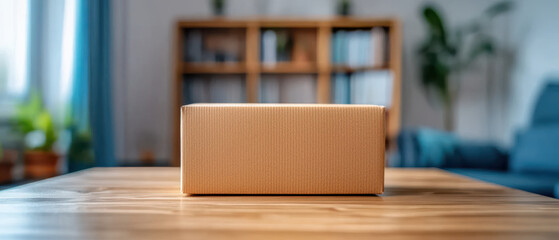 cardboard box sits on wooden table in cozy living room