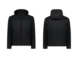 Black Outdoor winter jacket for men, front and back view with zipper, transparent background