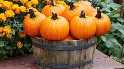 Harvested pumpkins in a wooden bucket surrounded by flowers creating a festive atmosphere for Halloween celebrations and autumn festivities