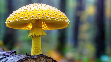Close up of vibrant yellow umbrella mushroom with distinctive spikes on log in serene forest background with space for text insertion