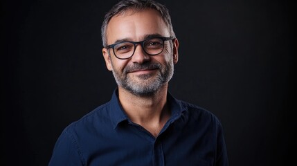 Obraz premium Cheerful European man in dark blue shirt smiling against a black background showcasing positivity and approachability in portrait photography