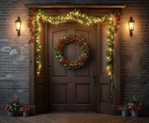 Fototapeta premium Glittering festive garlands and wreaths on a rustic door, rustic door, wintery ambiance