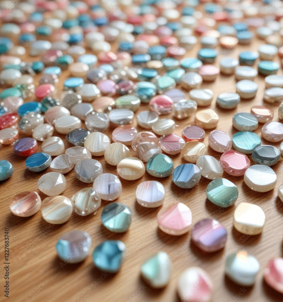 Fototapete glassy nacre beads arranged in a pattern on a wooden or marble tablecloth with soft focus and shallo