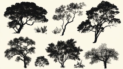 Collection of eight black silhouette tree illustrations on a beige background, showcasing various tree shapes and sizes, ideal for design projects