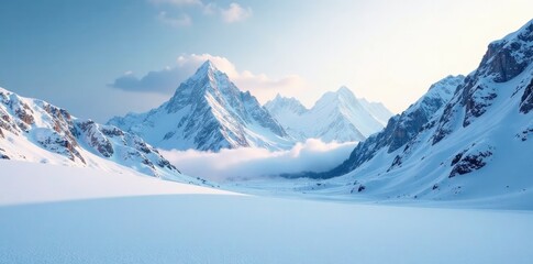 Snow falls gently on a serene landscape of frozen mountains, pure snow, ice,