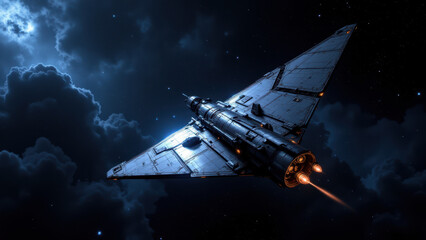 Obraz premium Futuristic spacecraft soaring through a starry night sky with distant clouds.