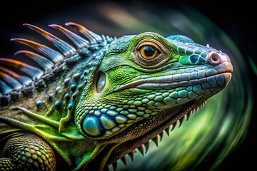 Fototapeta premium Black and White Close-Up of a Central American Green Iguana - Long Exposure Photography