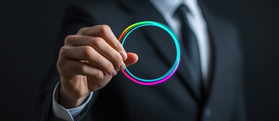 Businessman selecting optimal option by drawing colorful circle on evaluation criteria with space for text in professional setting