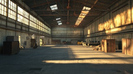 Abandoned Industrial Warehouse: Sunbeams Illuminate Dusty Interior
